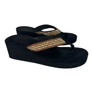 Womens Flip Flops 10 M Gold Brown Wedge Striped Platform Heel Thong Sandals Y2k